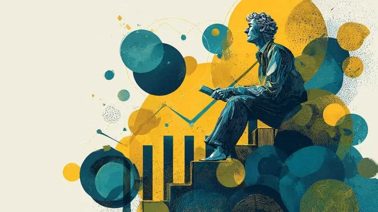 A stylised illustration of a woman sitting on a bar chart with abstract shapes and graphs.