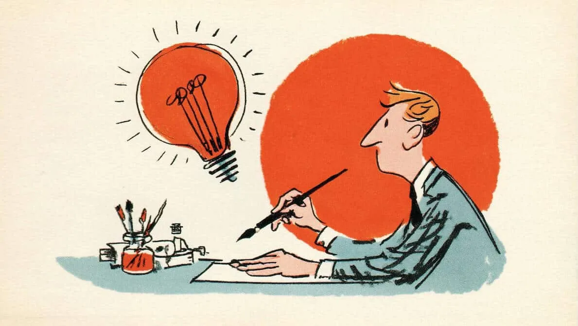 Person drawing with a lightbulb above, symbolising ideas and creativity.
