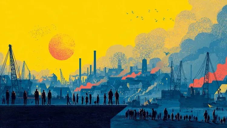 Industrial landscape with factories, workers, and pollution, Social Europe.