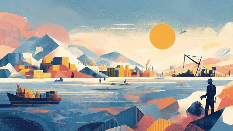 Industrial port scene with mountains, cranes, and a person by the water.