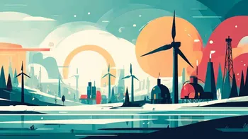 Wind turbines and factories in a futuristic landscape.