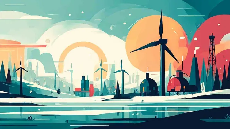 Wind turbines and factories in a futuristic landscape.