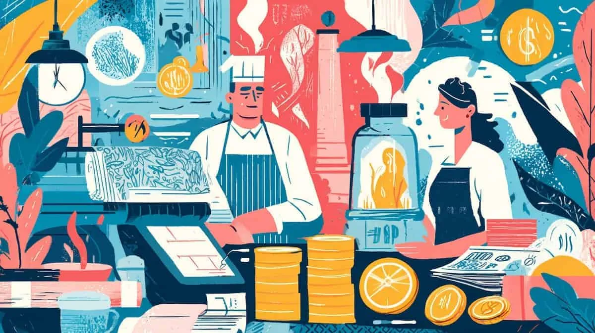 Illustration of a bakery with financial symbols and coins.