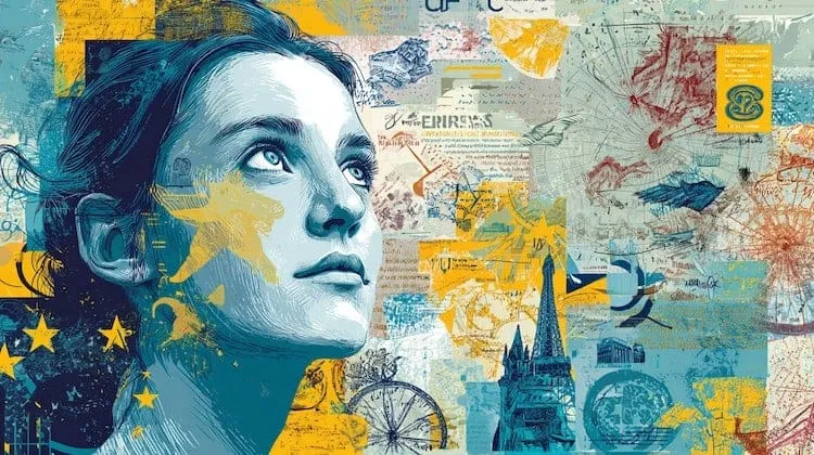 European woman with collage background, Social Europe.