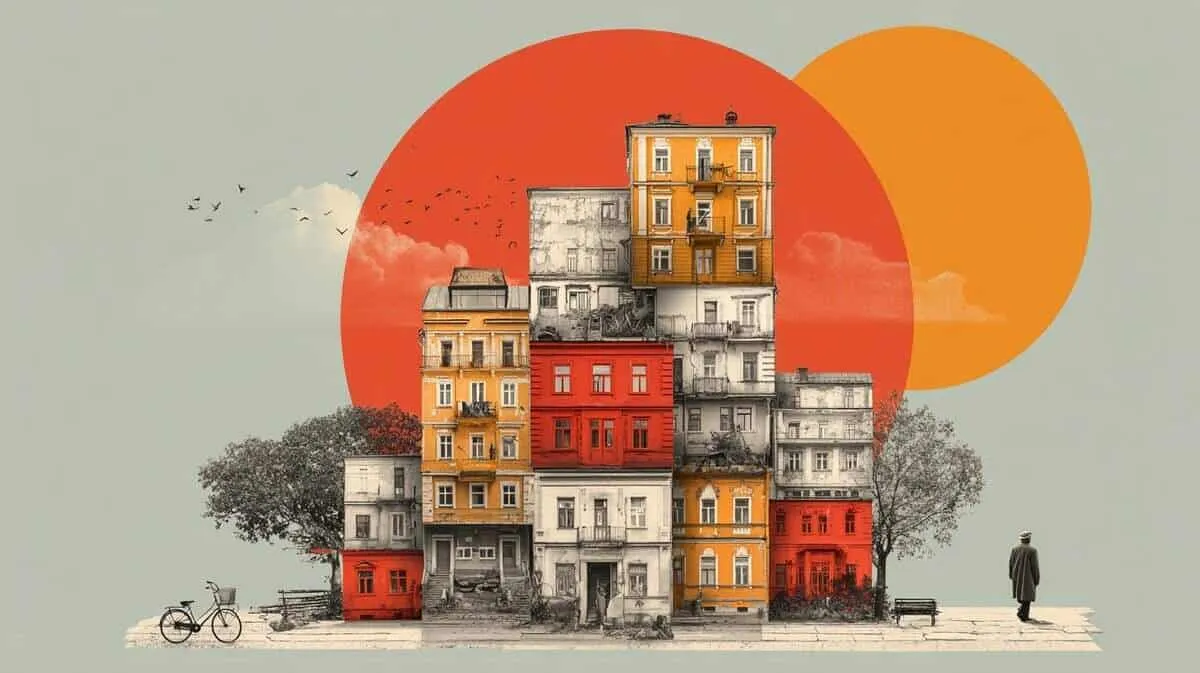Stacked colourful buildings with a person and bicycle in front.