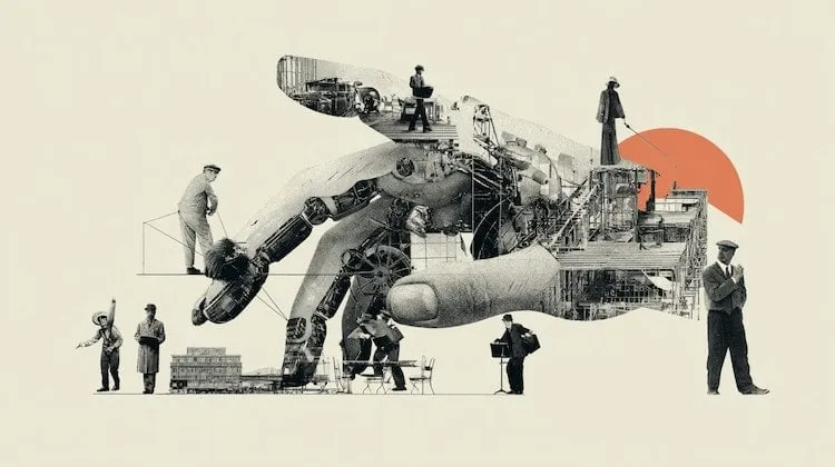 Robotic arms and workers in a factory.