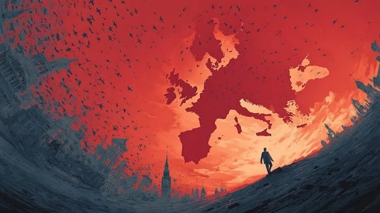 A person standing on a hill overlooking a fiery, apocalyptic sky over Europe.