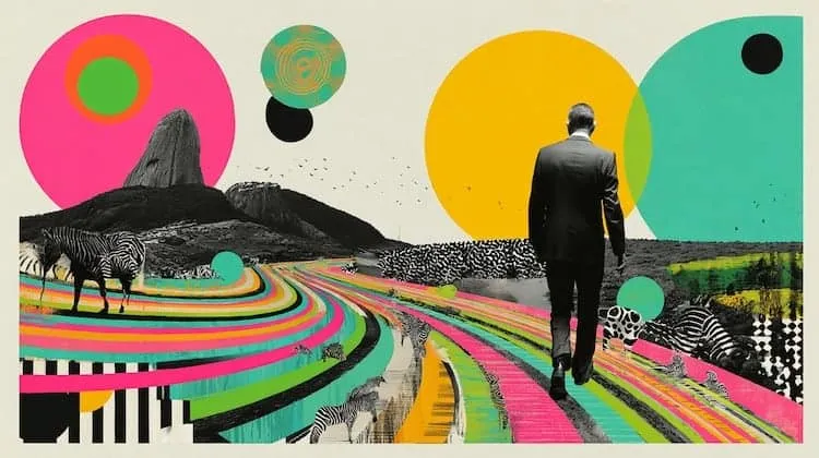 Man in suit walking through colourful abstract landscape with zebras.