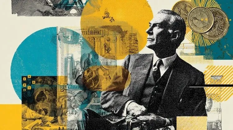 Economic leader — portrait with financial symbols, Social Europe.
