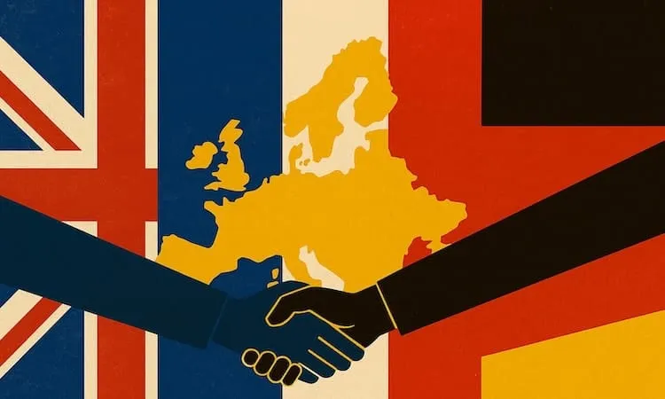 Handshake between two hands over a map of Europe and UK flags.
