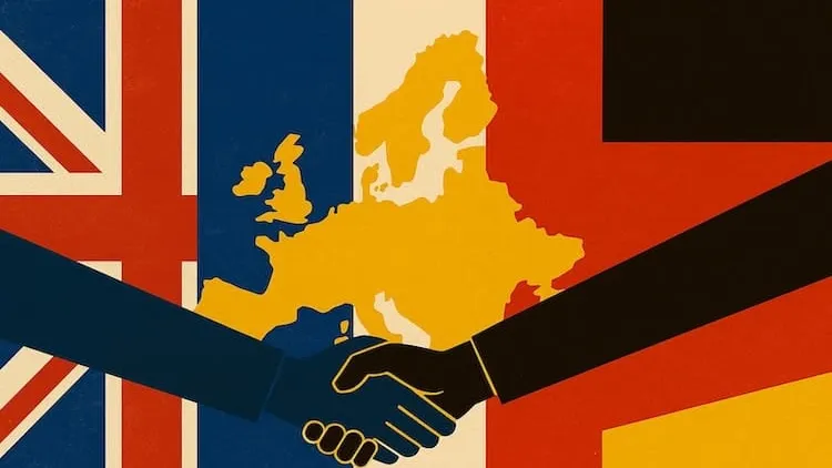 Handshake between two hands over a map of Europe and UK flags.