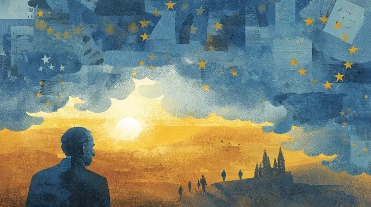 Silhouette of a person watching a sunset over a city with stars and clouds.