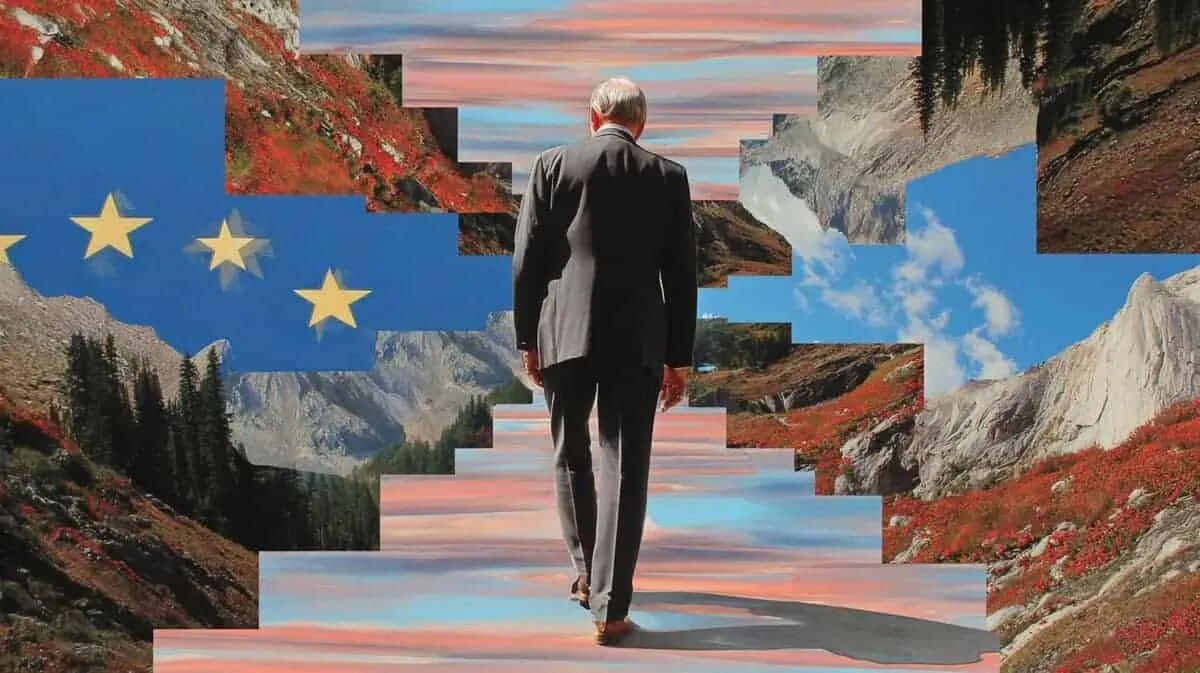 Man walking through surreal landscape with mountains and sky.