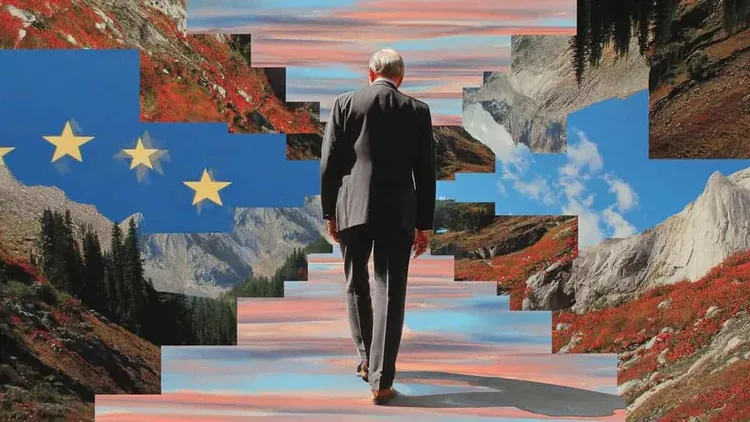 Man walking through surreal landscape with mountains and sky.