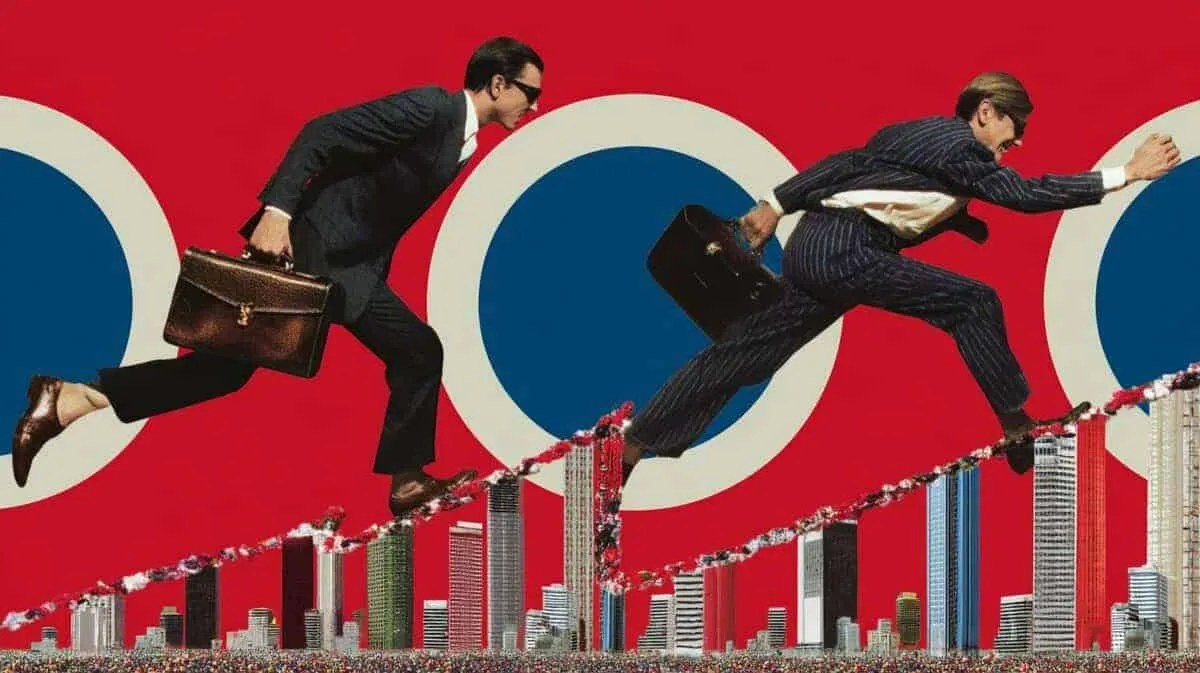 Two businessmen in suits with briefcases climbing a bar graph.