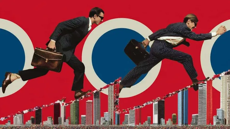 Two businessmen in suits with briefcases climbing a bar graph.