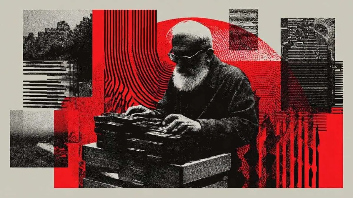 Elderly man with glasses and beard, reading a book, abstract background.