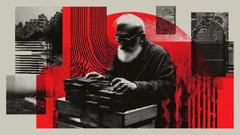 Elderly man with glasses and beard, reading a book, abstract background.