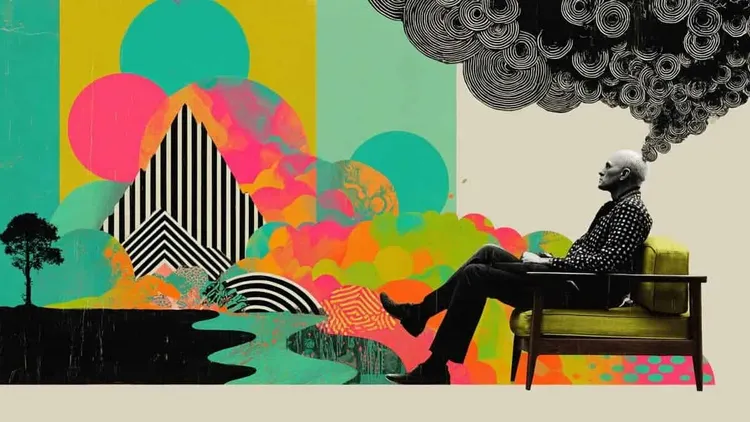 Person sitting on a bench with abstract colourful background and black smoke.