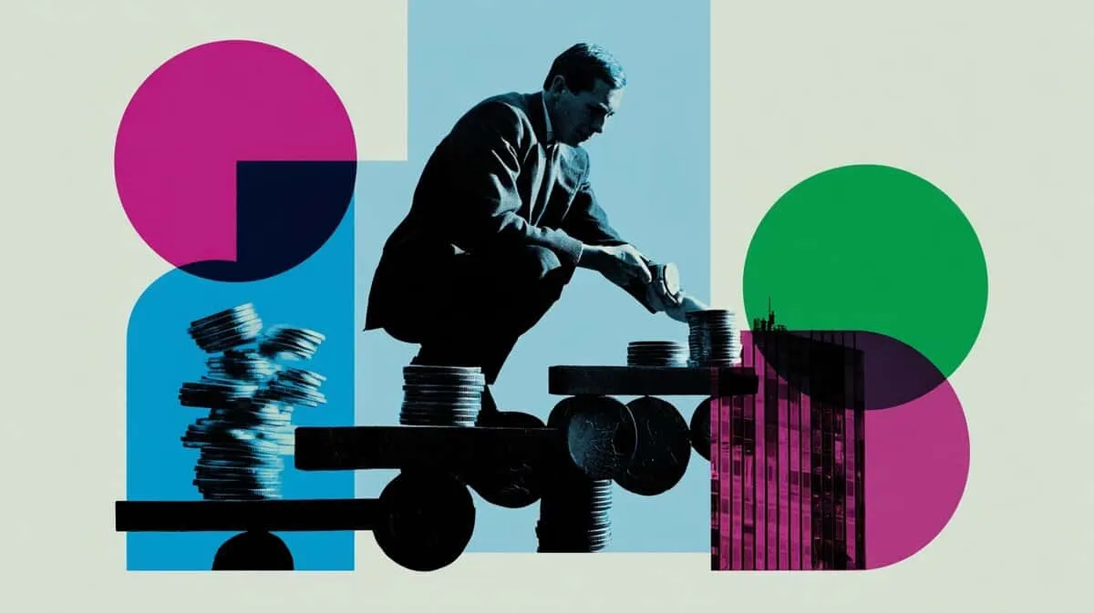 Person analysing financial data with stacks of coins and bar chart.