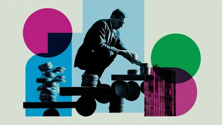 Person analysing financial data with stacks of coins and bar chart.