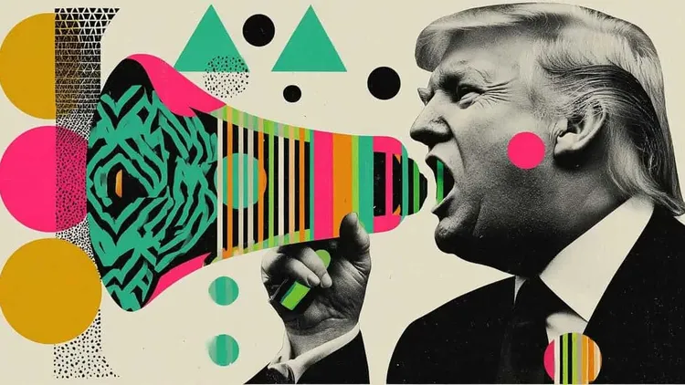 Collage of Donald Trump shouting into a colourful megaphone.