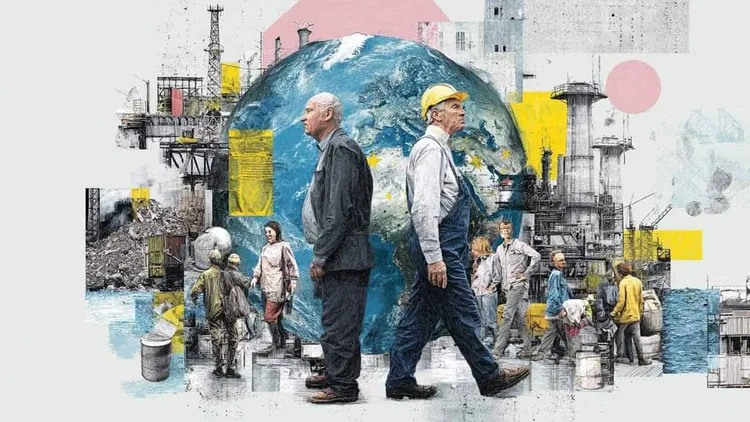 Environmental workers and activists in front of a globe and industrial background.