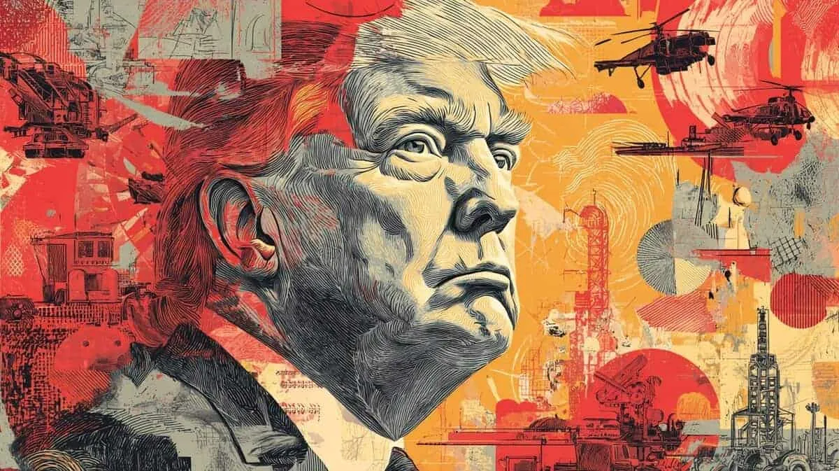 Illustration of Donald Trump in profile amid helicopters, tanks and industrial machinery.