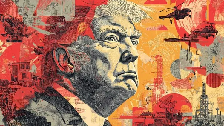 Illustration of Donald Trump in profile amid helicopters, tanks and industrial machinery.