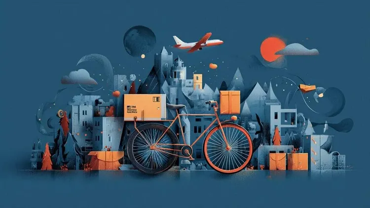 A bicycle with boxes in a cityscape, planes flying overhead, and mountains in the background.