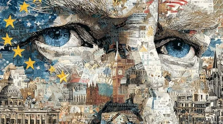 Close-up of a man's eyes with European and UK Parliament images.