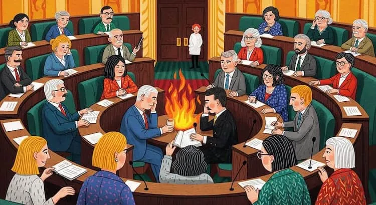 Group of diverse people debating around a fire in a parliamentary setting.