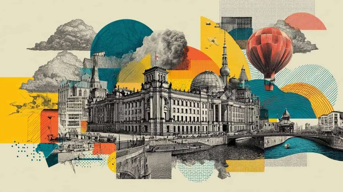 Berlin skyline with clouds, hot air balloon and colourful abstract shapes.