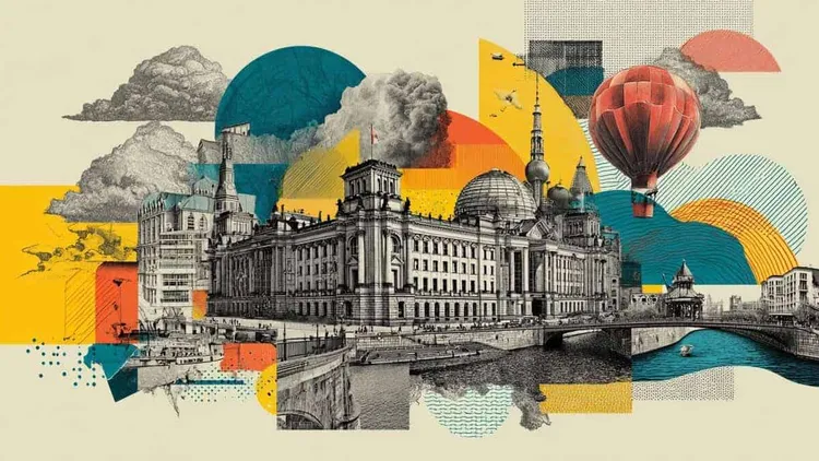 Berlin skyline with clouds, hot air balloon and colourful abstract shapes.