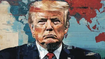Painted illustration of Donald Trump in front of a world map.
