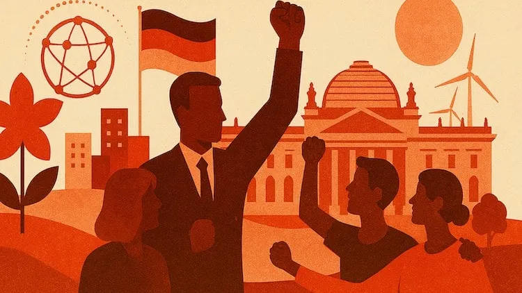 Protesters with raised fists and German flag, Berlin.