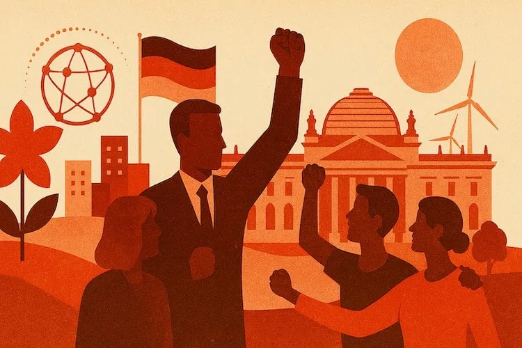 Protesters with raised fists and German flag, Berlin.