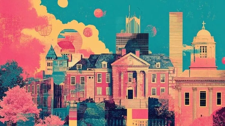 Cityscape with historic and modern buildings, colourful sky, and clouds.