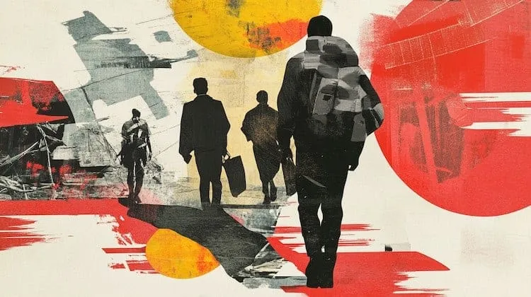 Group of migrants walking with luggage, abstract background.