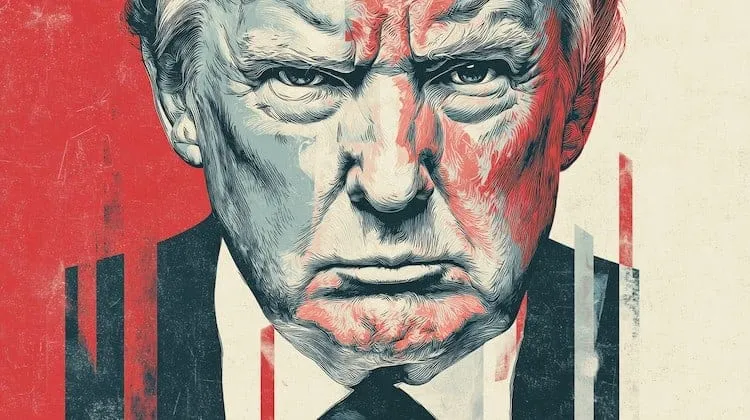 Close-up illustration of a frowning Donald Trump in red, blue and white.