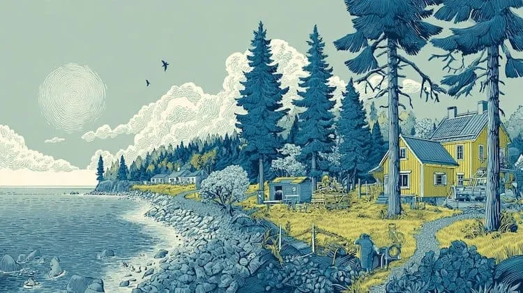 Coastal landscape with trees, houses, and a cloudy sky.