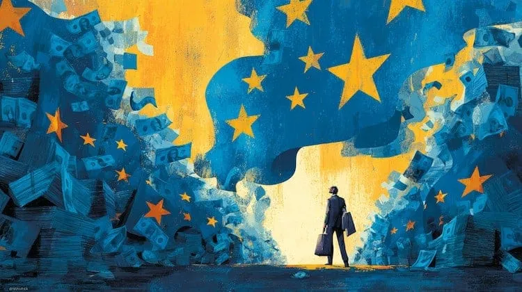 A person walking between large EU flags and money symbols.
