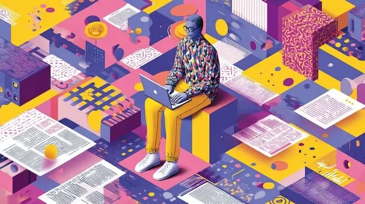 Person working on a laptop surrounded by digital and printed documents.