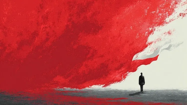 Abstract artwork with red and white colours and a solitary figure.