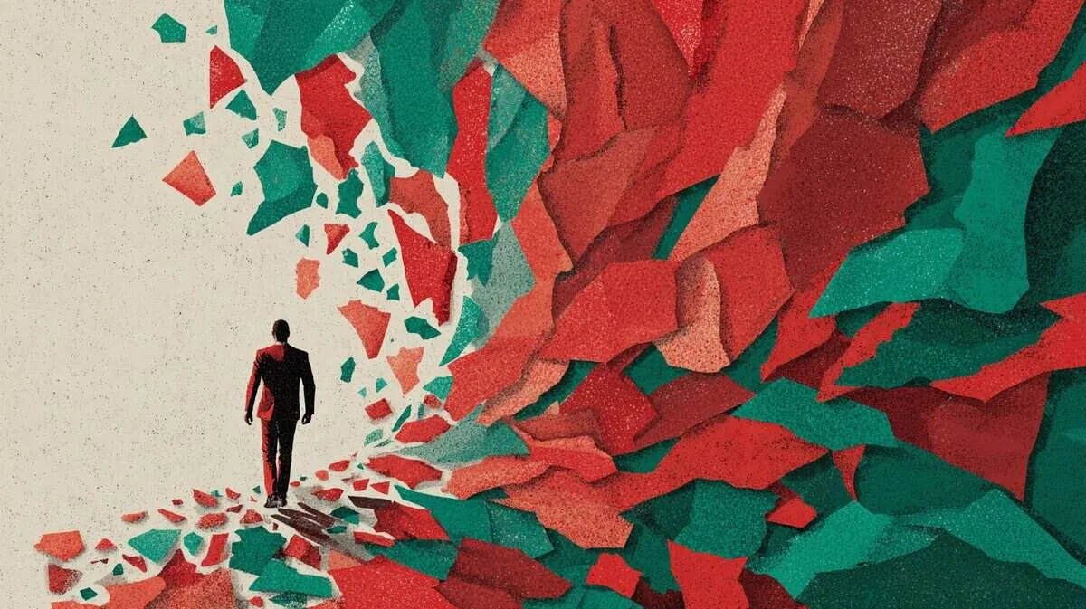 Abstract man walking through torn paper wall.