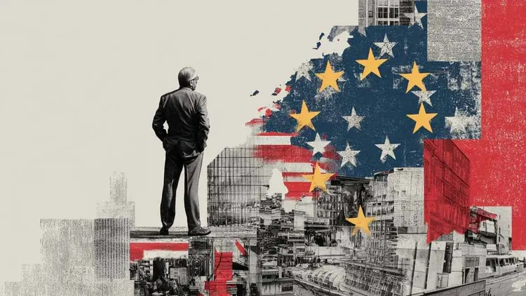 Man looking at a collage of European and US flags and cityscapes.