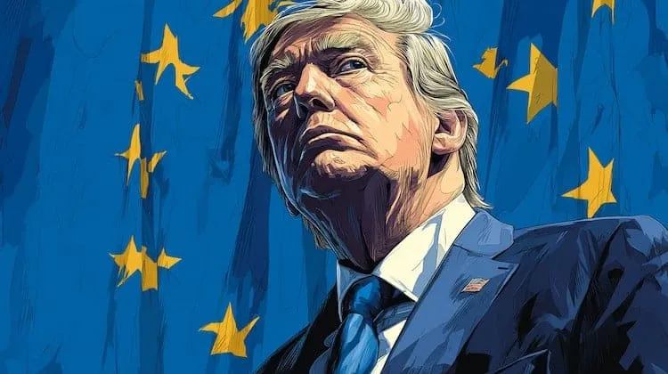 Illustration of Donald Trump looking upwards in front of the EU flag.