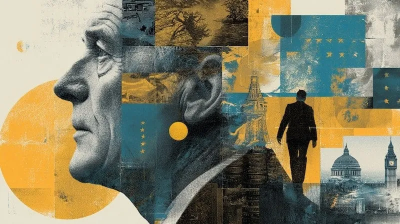 Collage of European landmarks and political figures, abstract style.