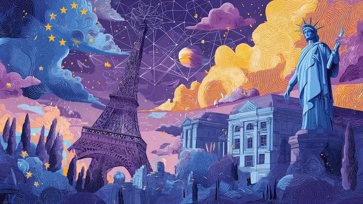 Night scene with Eiffel Tower and Statue of Liberty, colourful sky.
