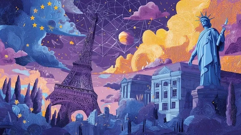 Night scene with Eiffel Tower and Statue of Liberty, colourful sky.